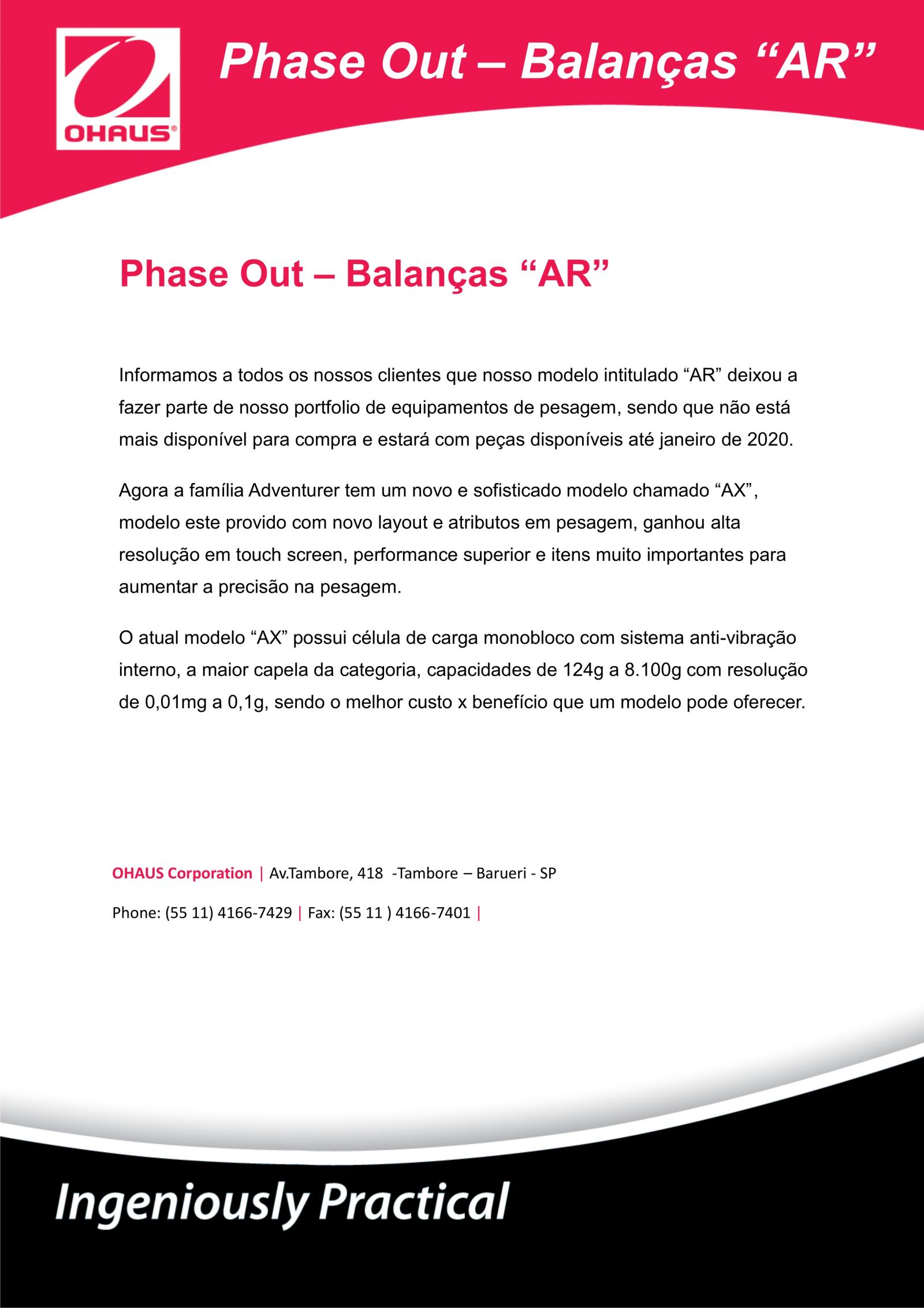 Descontinuidade Balanças Ohaus Modelo AR  Descontinuidade Balanças Ohaus Modelo AR
